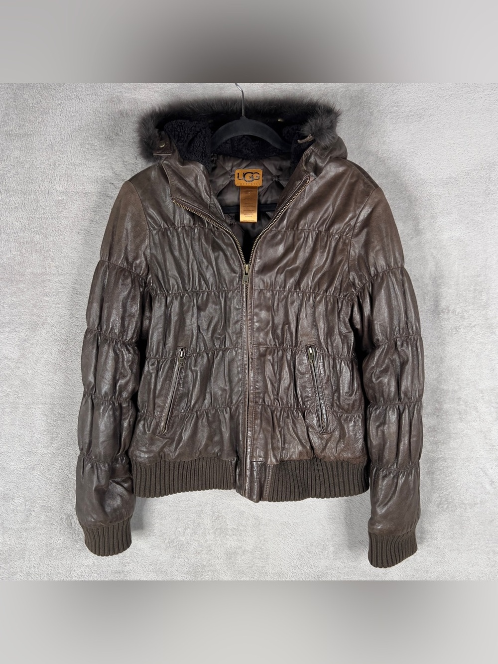 UGG Lamb Leather Hooded Bomber Jacket Women's Large Fur Lined Full Zip Wool